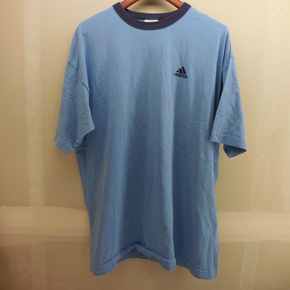 Vintage Adidas Ringer T-Shirt Mens XL Light Blue Navy Logo Short Sleeve Tee Y2K